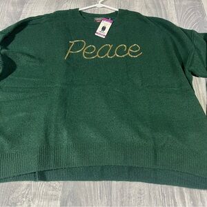 Vince Camuto Green Sweater with Gold Embroidery “Peace”; NEW; XXL